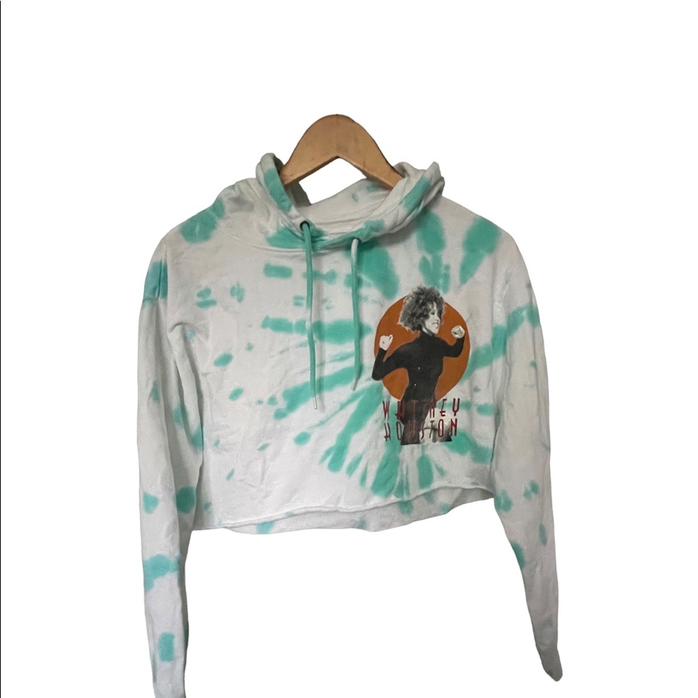 Whitney Houston Graphic Crop Hoodie Tie Dye Blue White Medium